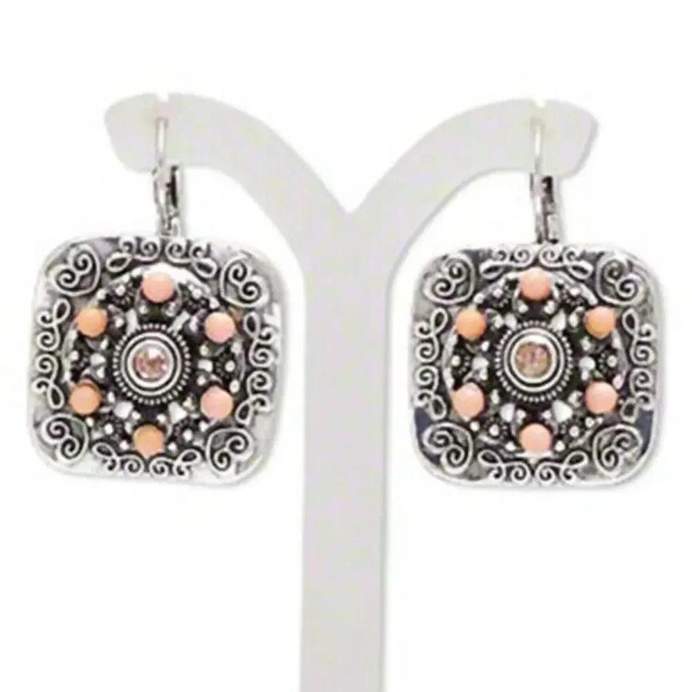 Square Antiqued Silver Pewter Crystal Rhinestones Pink Beads Leverback Earrings